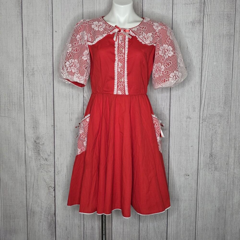 VTG Handmade Red/White Lace Overlay Pioneer Prairie Square Dance Dress, Pockets!